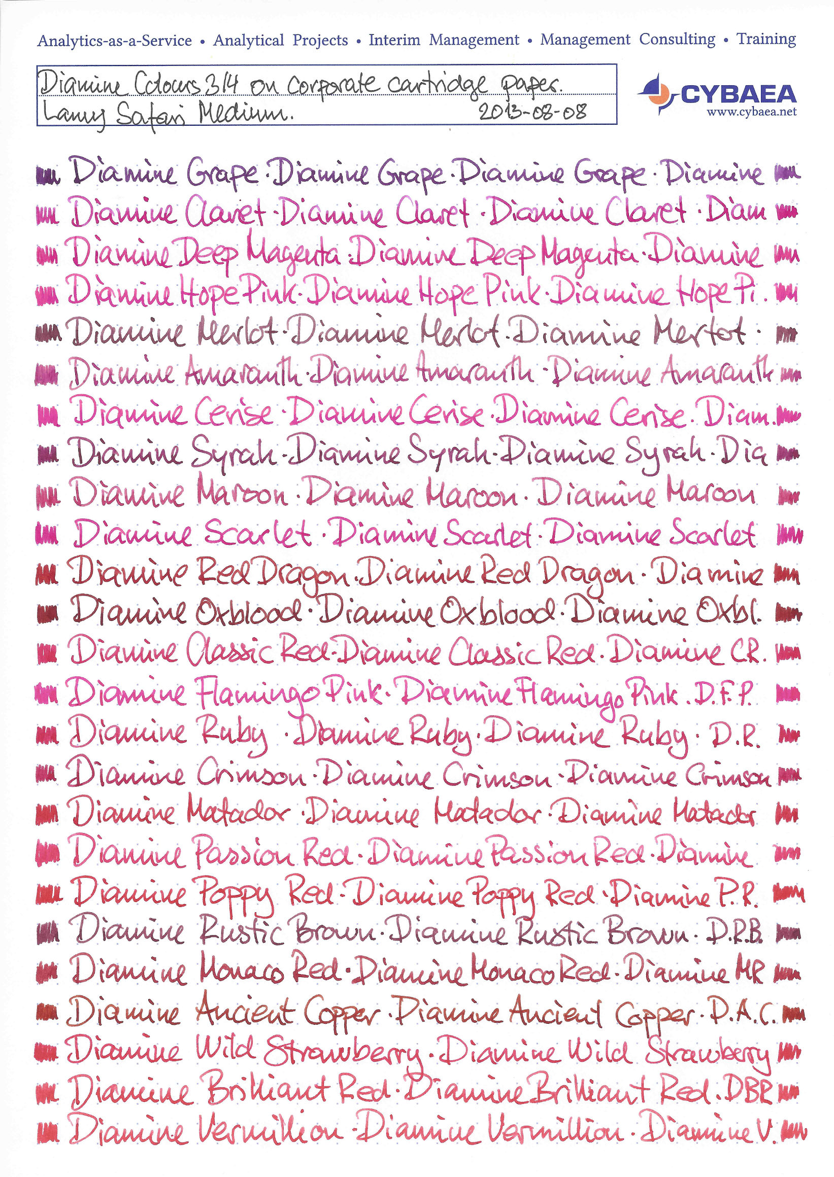 Diamine Ink Colour Chart