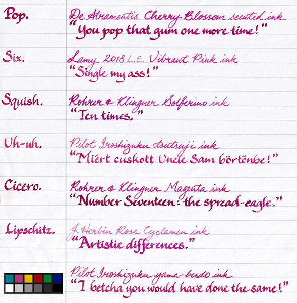 Several magenta inks compared, written with Fine and Stub nibs