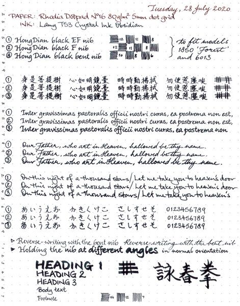 Available HongDian nib options writing in Lamy T53 Obsidian ink