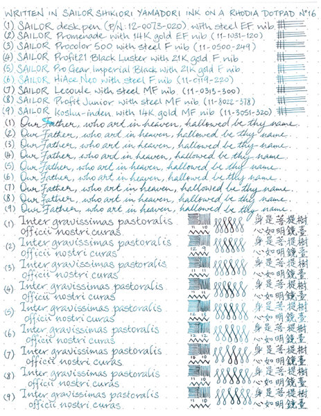 Writing samples with nine Sailor pens in yamadori.jpg