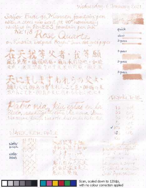 PenBBS no.178 Rose Quartz ink review sheet — scan