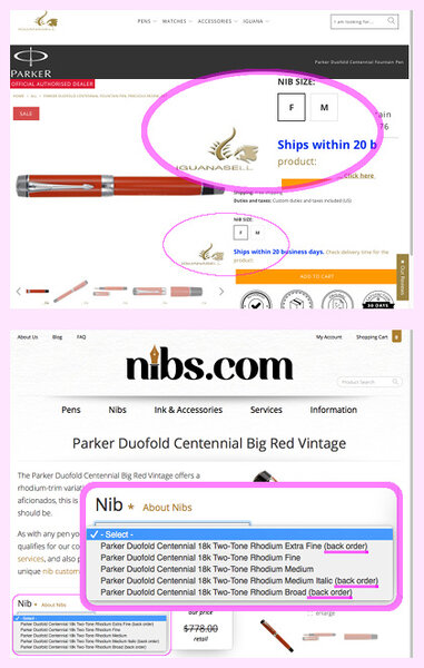 Nib options offered for the Parker Duofold Centennial by different retailers