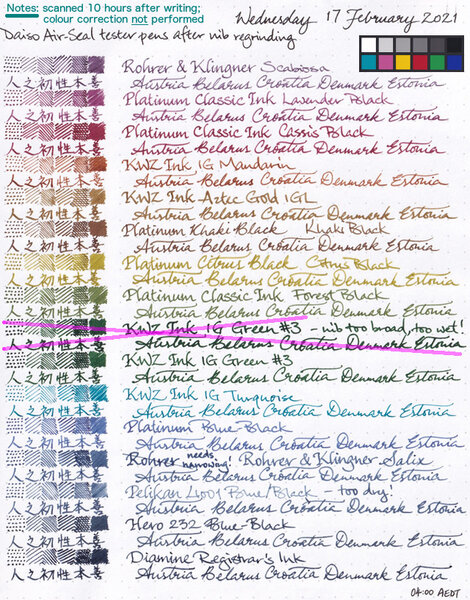 15 iron-gall inks written with Daiso Air-Seal pens after nibs were reground