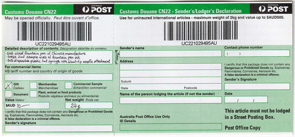 Sample partially filled CN22 customs declaration form of old