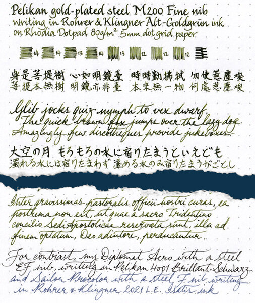 Pelikan M200 F nib writing sample in R&K Alt-Goldgrün