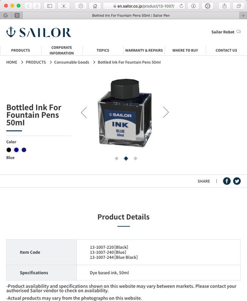 Product page (in English) for Sailor Blue dye ink in 50ml bottle