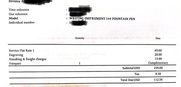 Montblanc invoice for repairs