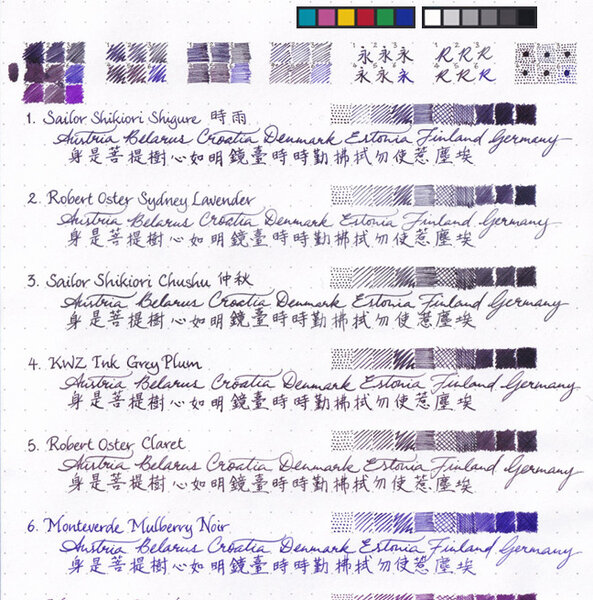 Six purplish inks on Rhodia DotPad 80gsm