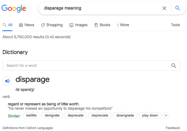 Dictionary definition of 'disparage' returned by Google