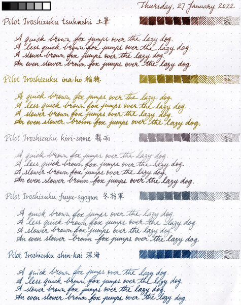 Shortlist of candidates for an order of 3 bottles of Pilot Iroshizuku ink