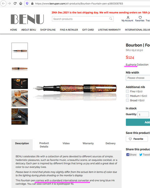 Benu Euphoria Bourbon product listing on manufacturer's website
