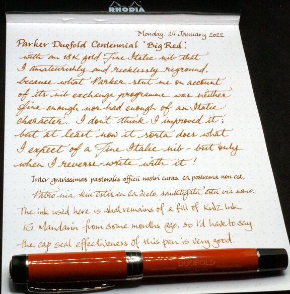 My Parker Duofold Centennial Big Red writing and reverse-writing in KWZI IG Mandarin