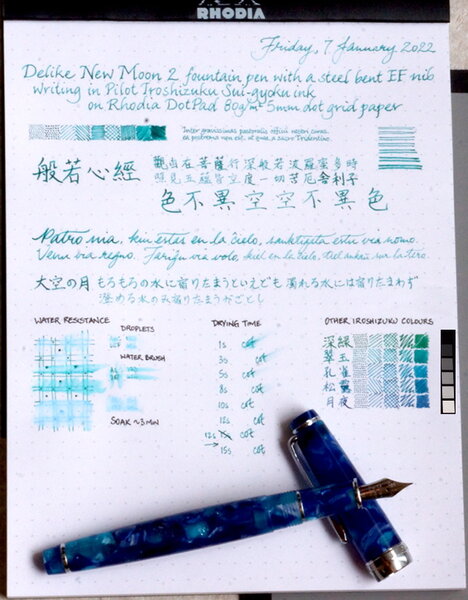 Delike New Moon 2 with bent EF nib writing sample in Pilot Iroshizuku Sui-gyoku