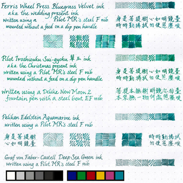 Four blue-green inks on Rhodia Dotpad