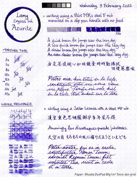 Lamy Azurite ink review sheet