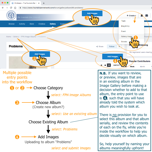 Multiple entry points into gallery image upload workflow