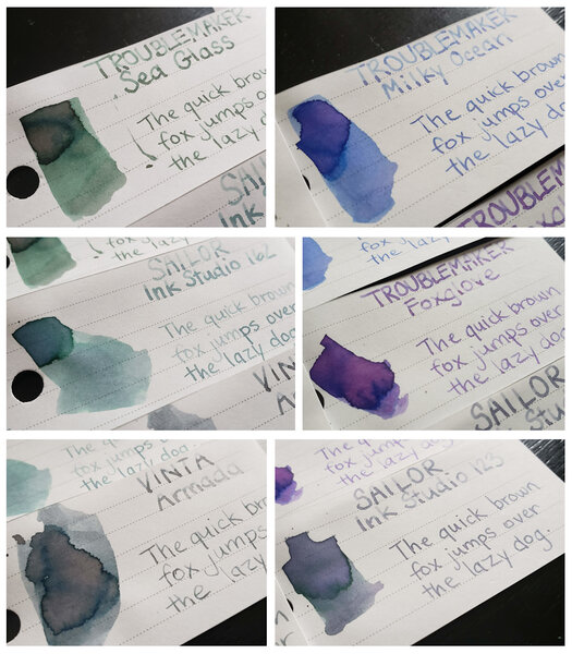 TMKR Sea Glass, Milky Ocean, and Foxglove; Sailor Ink Studio 162 and 123, Vinta Armada