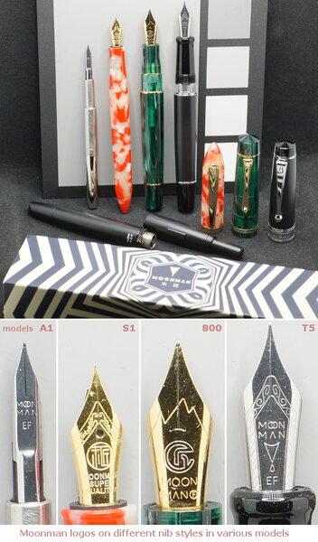 Moonman logos on different nib styles in various models