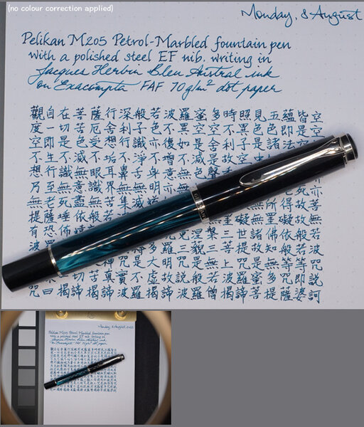 Pelikan M205 Petrol-Marbled writing in J. Herbin Bleu Austral