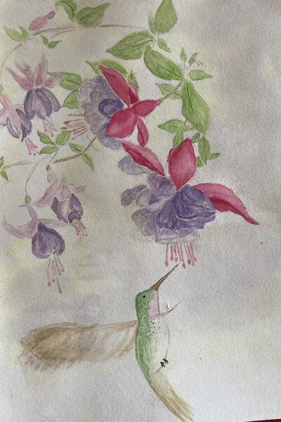 Fucsias with hummingbird, not a perfect piece, but I learn & get better with each attempt