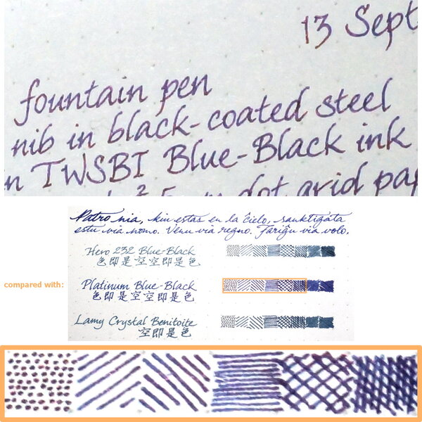 Sheen from Platinum Blue-Black ink, in comparison