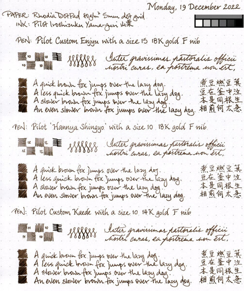 Writing samples with 3 special Pilot Custom pens in Iroshizuku Yama-guri