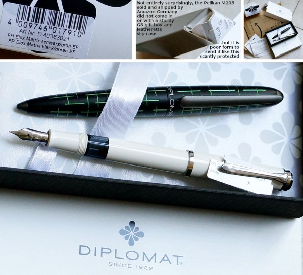 Diplomat Elox Matrix, and Pelikan M205 in white