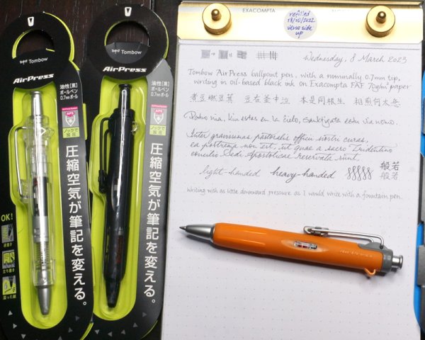 Tombow AirPress ballpoint pens, with writing sample