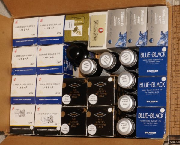 Stockpile of unopened ink bottles April 2023 - box 6