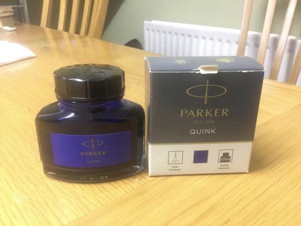 Parker Quink ‘Blue’ - not ‘Blue/Black’ or ‘Washable Blue’ - bottle and front of box.jpeg