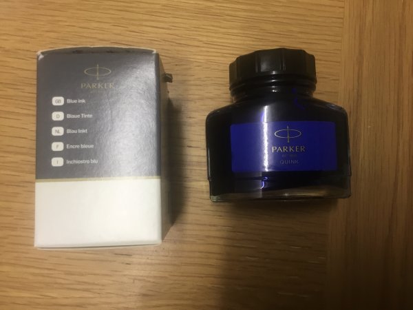 Parker Quink ‘Blue’ - not ‘Blue/Black’ or ‘Washable Blue’ - bottle and side of box.jpeg