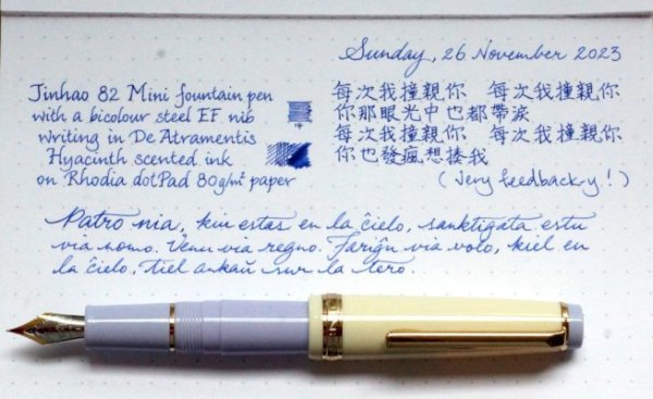 Jinhao 82 Mini EF nib writing sample in DeAtramentis Hyacinth ink
