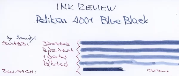 Sandy1 review Pelikan 4001 Blue-black - heading, swabs, and swatch.webp