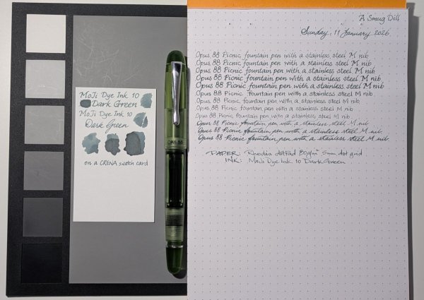 Opus 88 Picnic (green) with M nib writing sample in MoJi Dye Ink 02 Dark Green