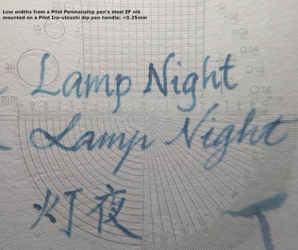 Jin Chen Lamp Nighr ink written with a Pilot Penmanship's EF nib, shown through a loupe