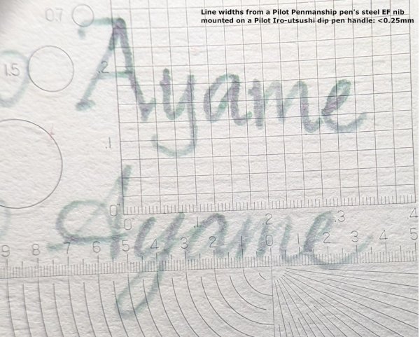 Sailor Manyo Ayame ink written with a Pilot Penmanship's EF nib, shown through a loupe