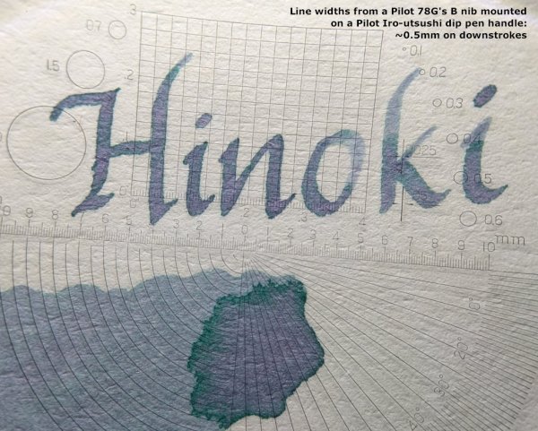Sailor Manyo Hinoki ink written with a Pilot 78G's B nib, shown through a loupe