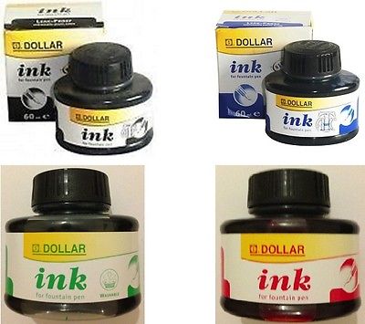 4 X DOLLAR INK BOTTLES - 60ML -30ML - 4 COLOURS - FOR FOUNTAIN PENS -  WASHABLE